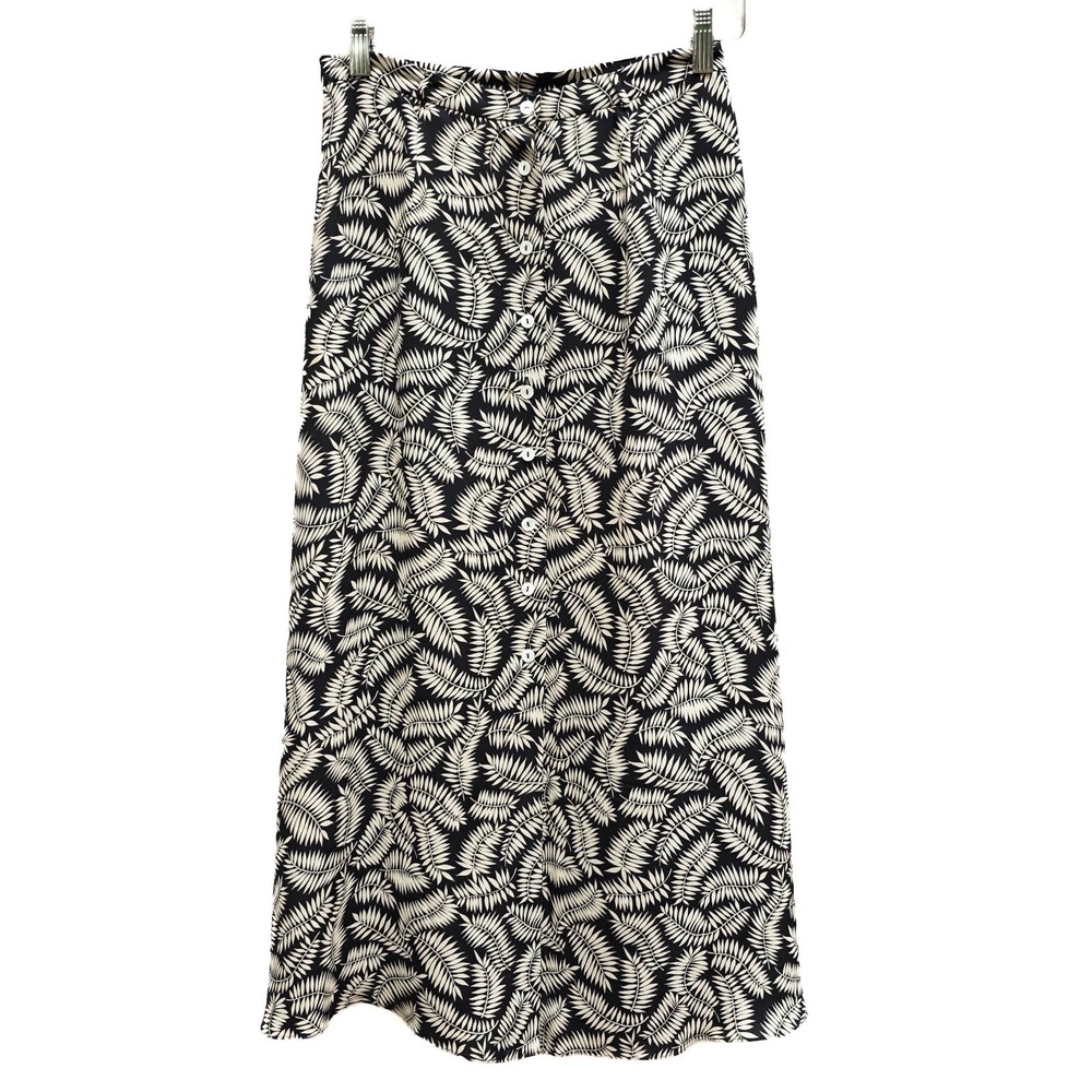 Ann Taylor Silk Maxi Skirt Womens 6P Black Cream Botanical Button Front Y2K Boho